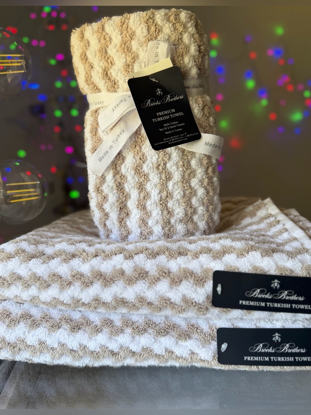 6pc BROOKS BROTHERS Tan White THICK PLUSH Bath Hand Tip TURKISH Towel Set New